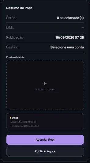 Resumo do post com botões Agendar Reel e Publicar Agora