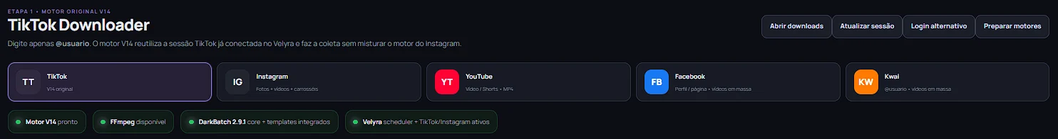 Downloader da Velyra com TikTok, Instagram, YouTube, Facebook e Kwai