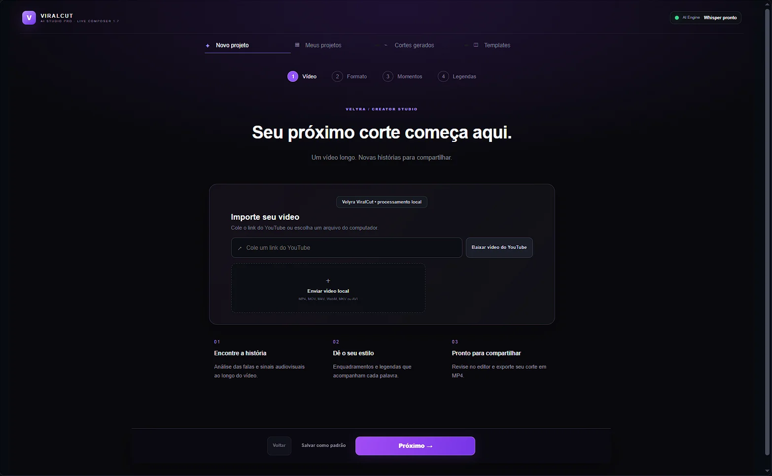 Tela do ViralCut na Velyra, pronta para importar um vídeo do YouTube