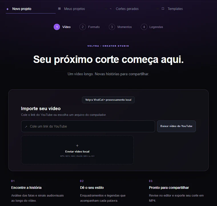 ViralCut: importe um vídeo do YouTube e escolha formato, momentos e legendas